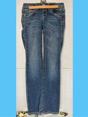 Cello Women's Flare Leg Blue Jeans Low Rise Y2K Bling Detail Style